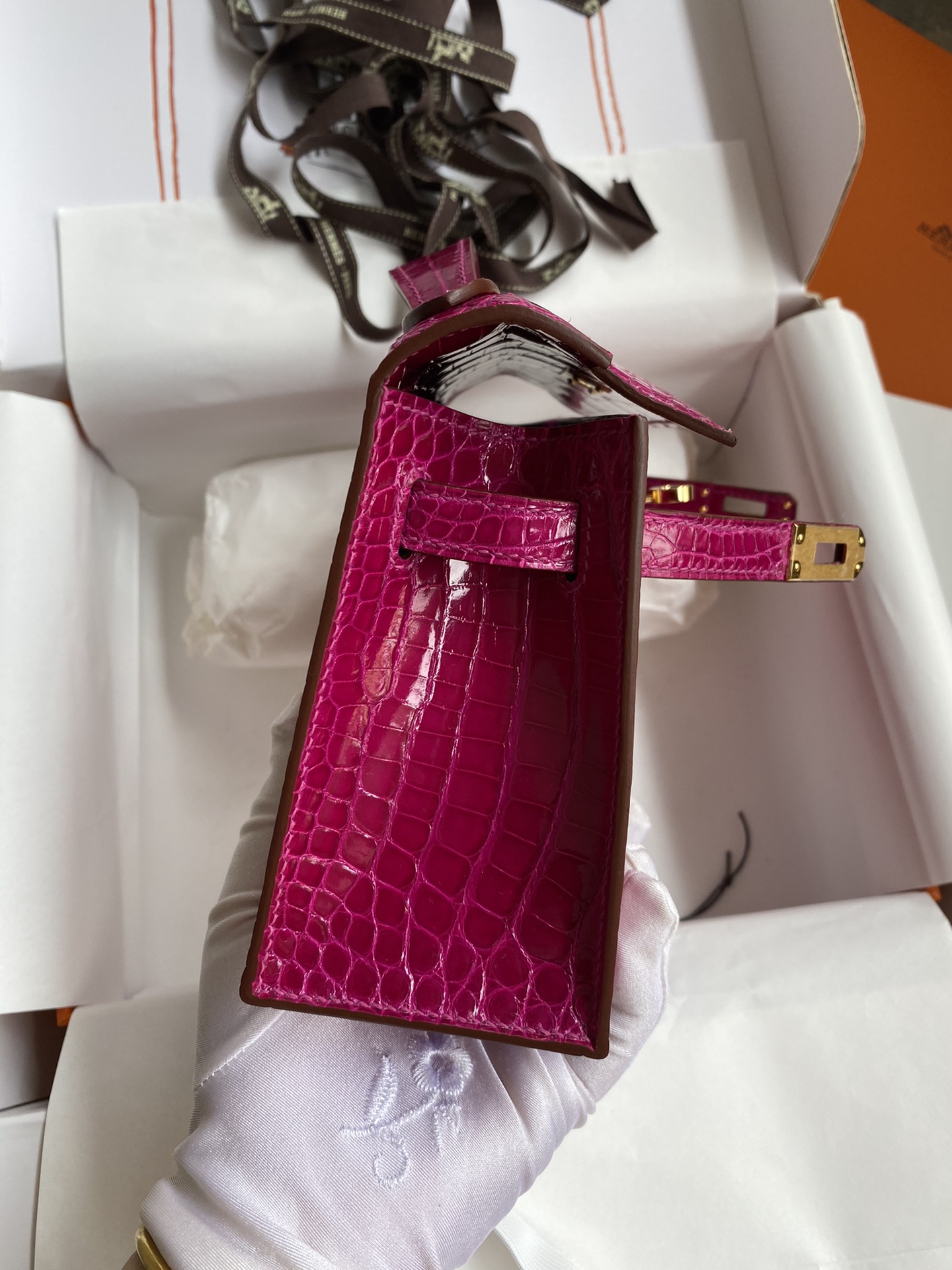 Hermes Mini Kelly Pochette 22cm Bag In Purple Shiny Alligator Leather